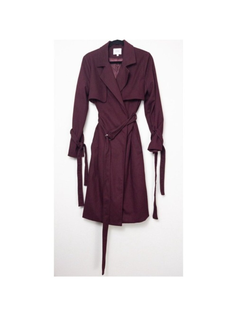 NEW J.O.A Belted Trench Coat S Burgundy Maroon Tie Cuff Double Breasted Utility - Picture 4 of 12